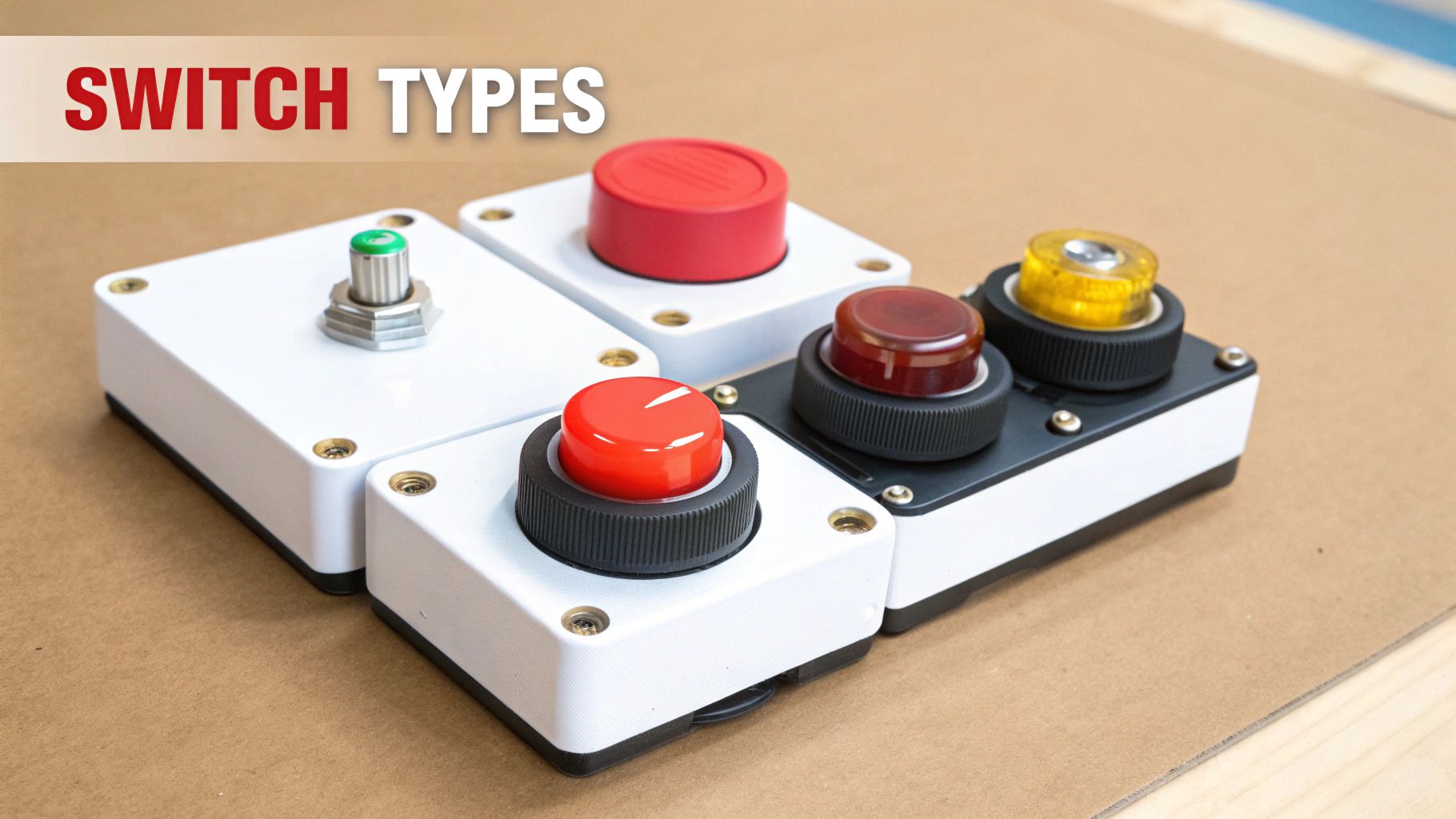 Various types of industrial push button switches with red, yellow, and green colored buttons on white enclosures
