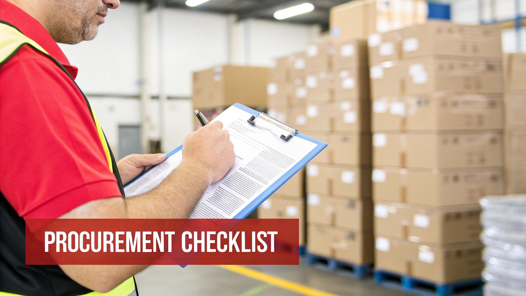 Warehouse worker in red safety vest reviewing procurement checklist on clipboard among stacked cardboard boxes