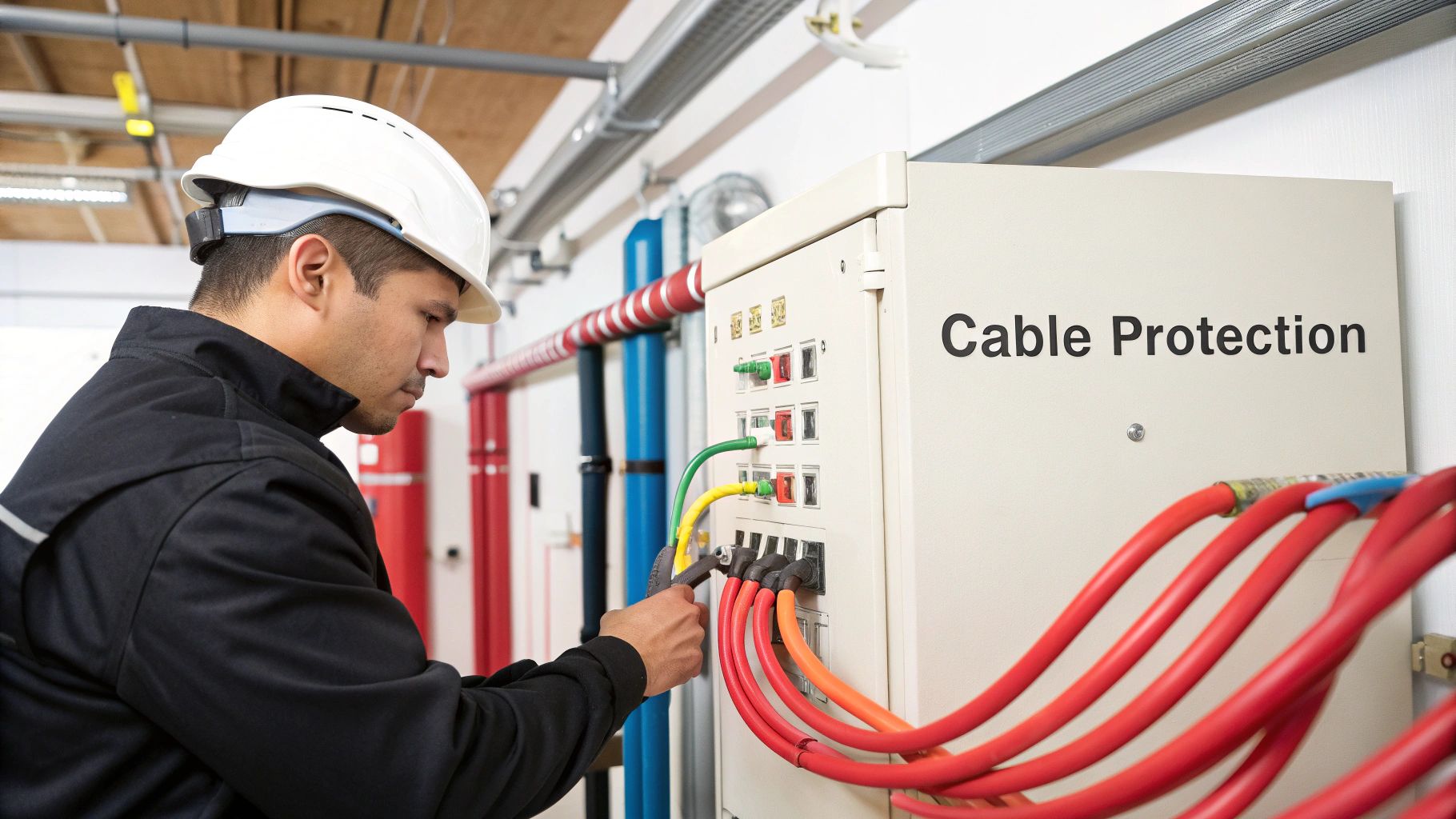 Side view of an electrician in a white hard hat installing colorful electrical cables in a control panel.