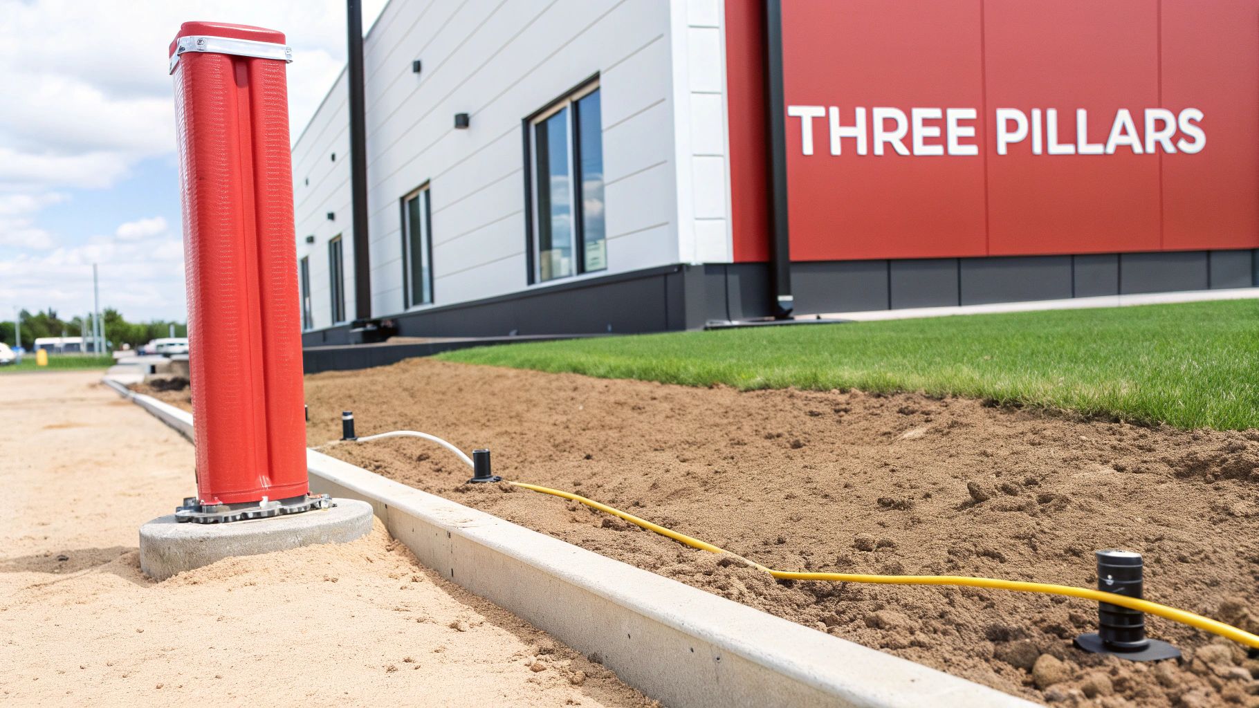 Red lightning protection pole installed next to a modern building with new landscaping.