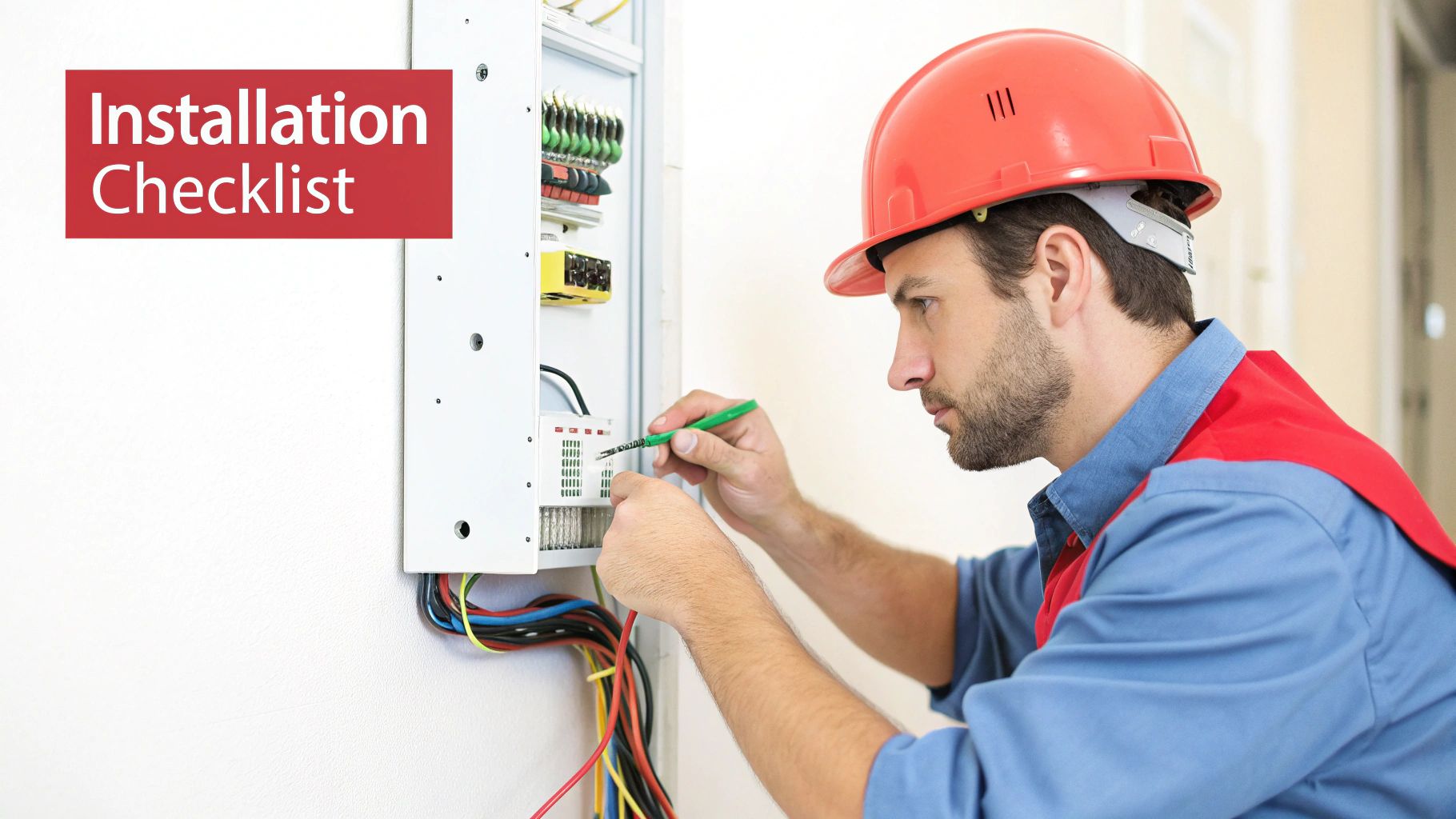 An electrician in a hard hat and vest works on an electrical panel with colorful wires.