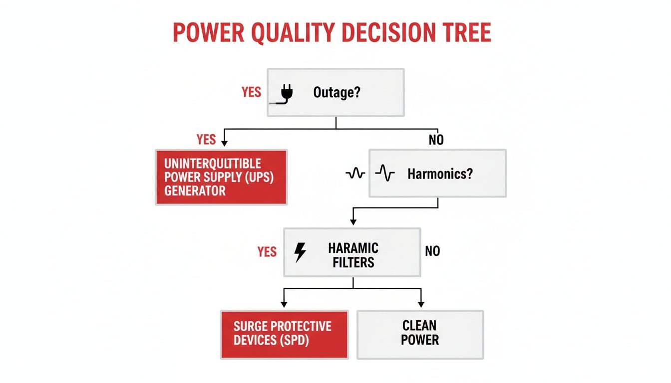 A power quality decision tree flowchart illustrating solutions for electrical issues like outages and harmonics.