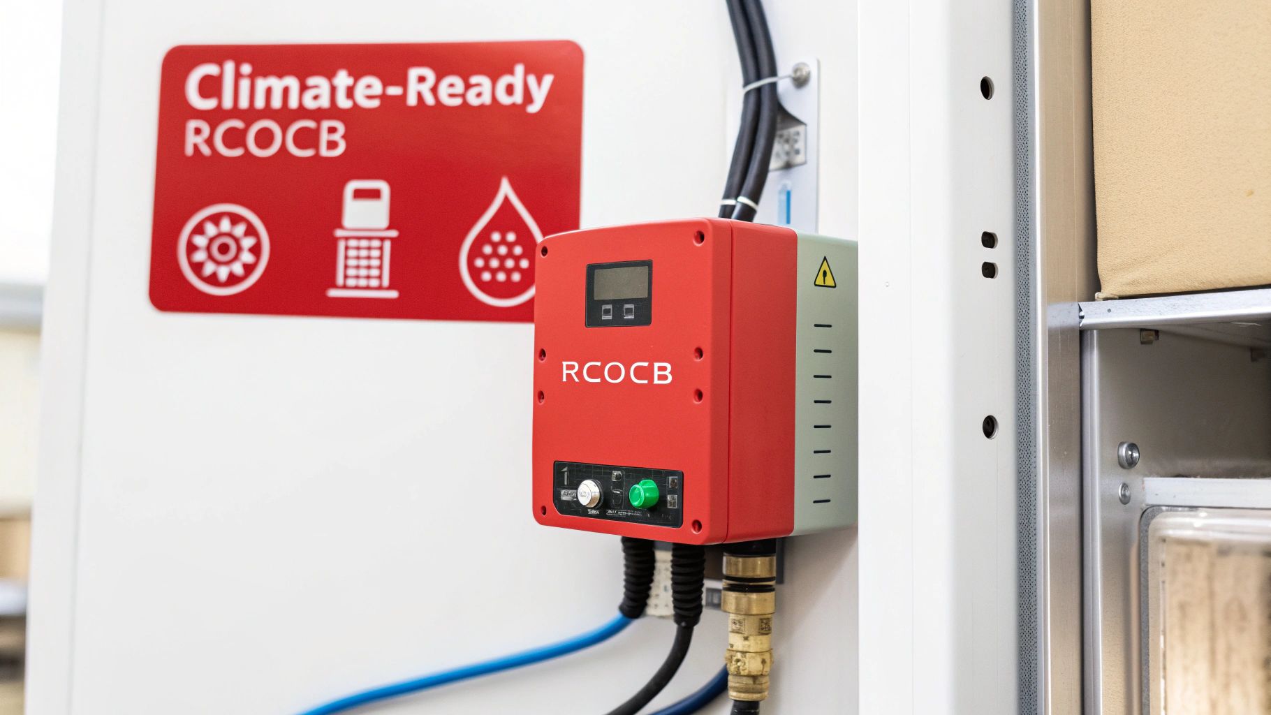 A red RCOCB electrical device with a display, buttons, and cables, mounted next to a "Climate-Ready" sign.