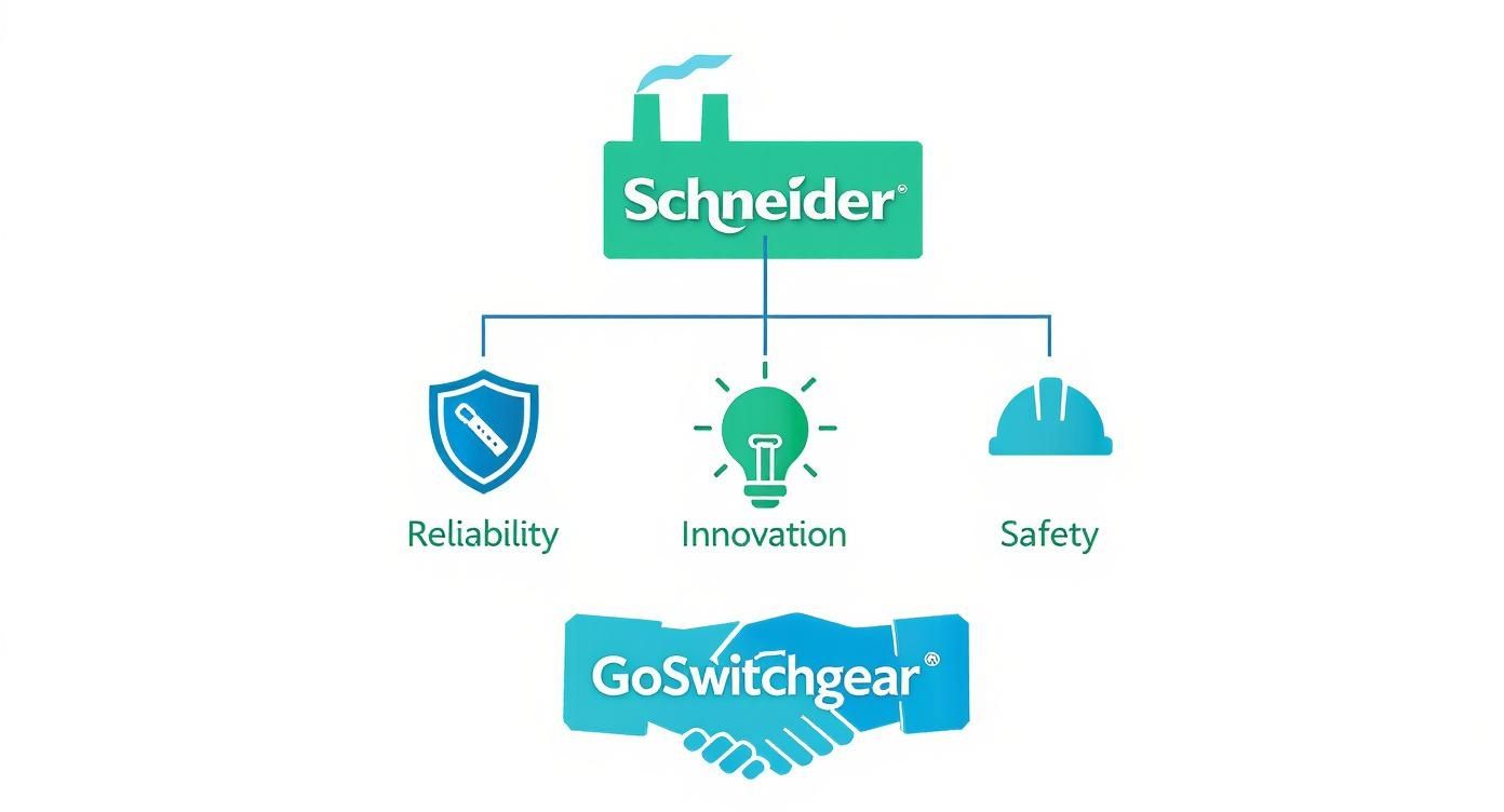 Infographic showing Schneider Electric's commitment to reliability, innovation, and safety, with GoSwitchgear as the official distribution partner.