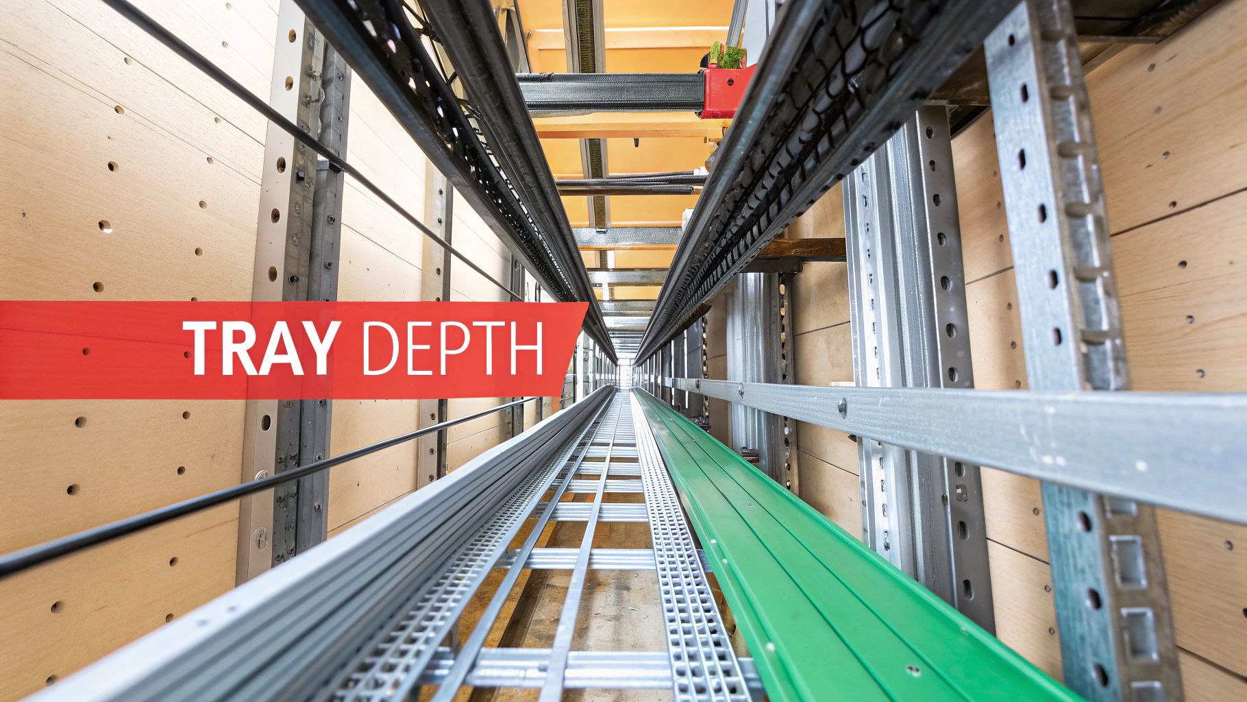 Looking up a narrow industrial shaft with multiple metal electrical cable trays and support structures.