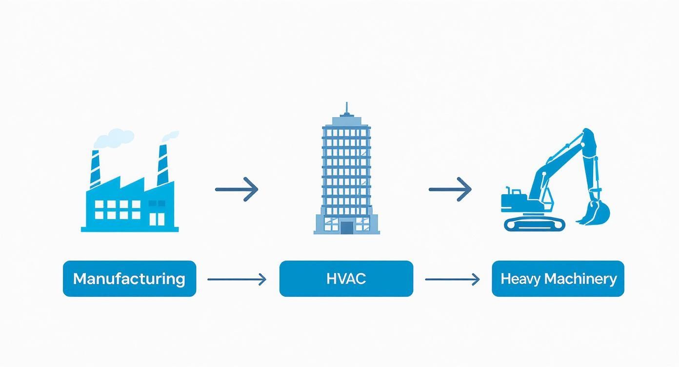 Manufacturing process flow diagram showing industrial progression from factory to HVAC systems to heavy machinery