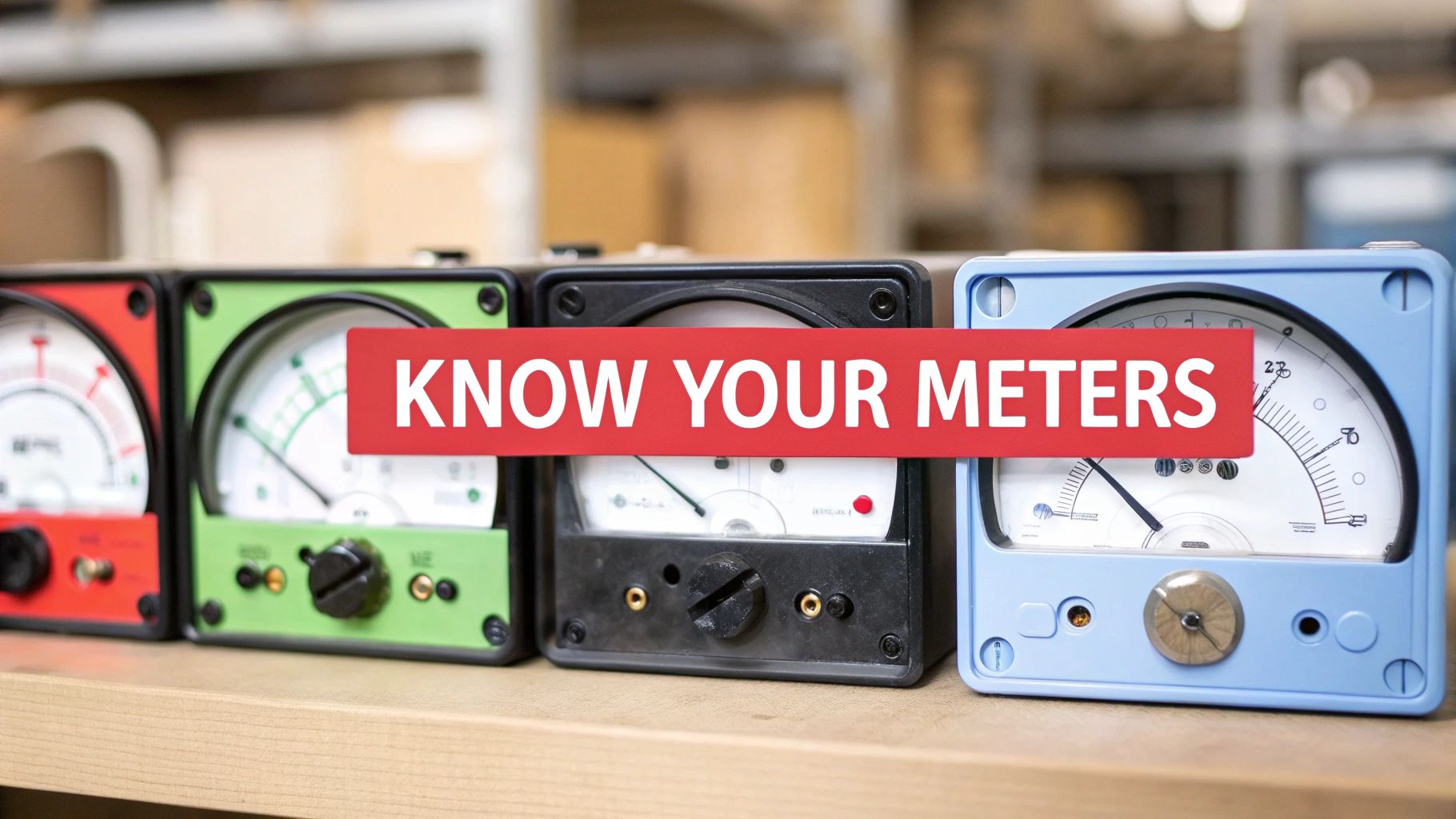 A row of colorful analog panel meters on a wooden surface with a red banner saying 'KNOW YOUR METERS'.