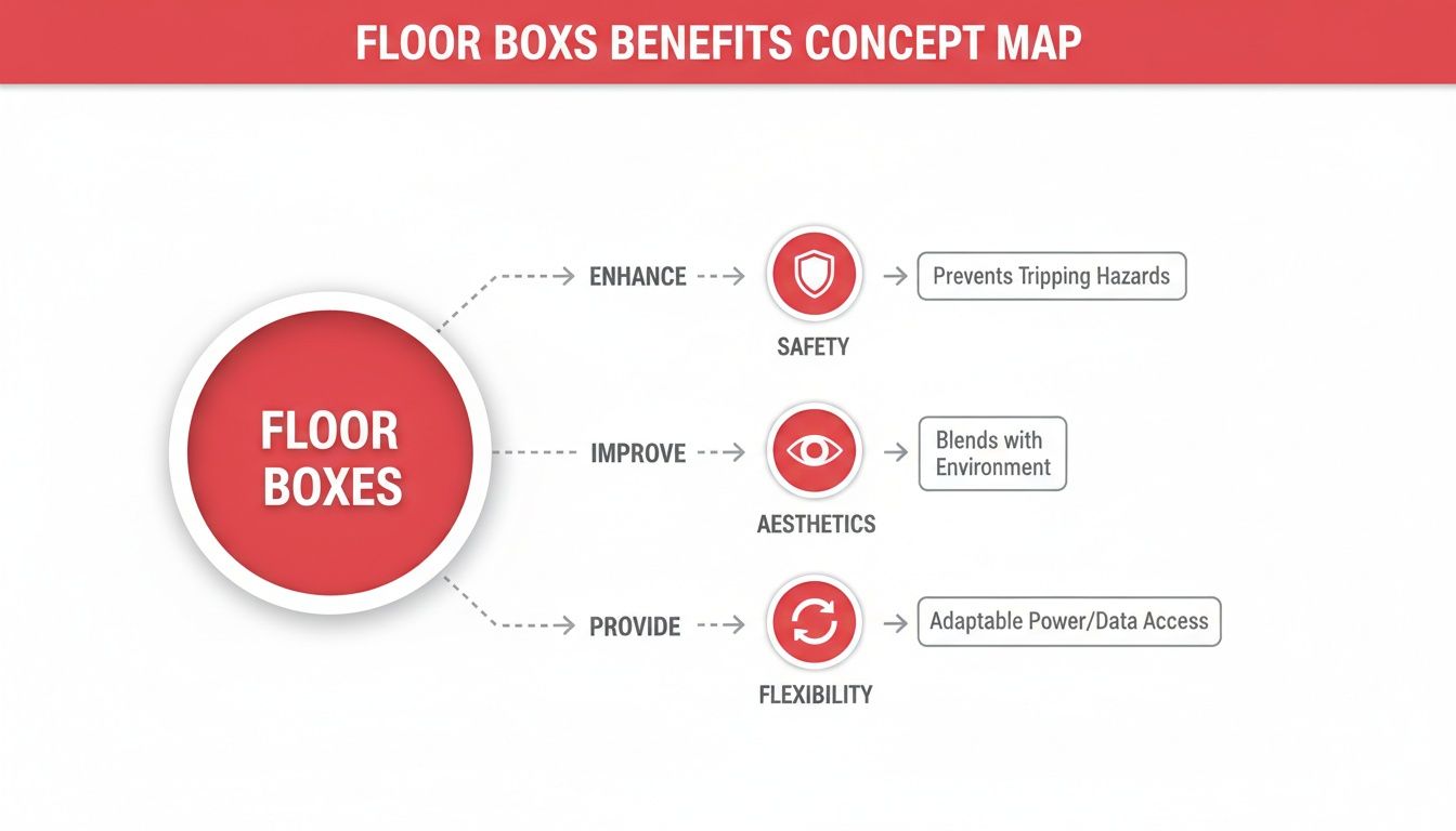 Concept map illustrating floor box benefits, including enhanced safety, improved aesthetics, and adaptable power access.