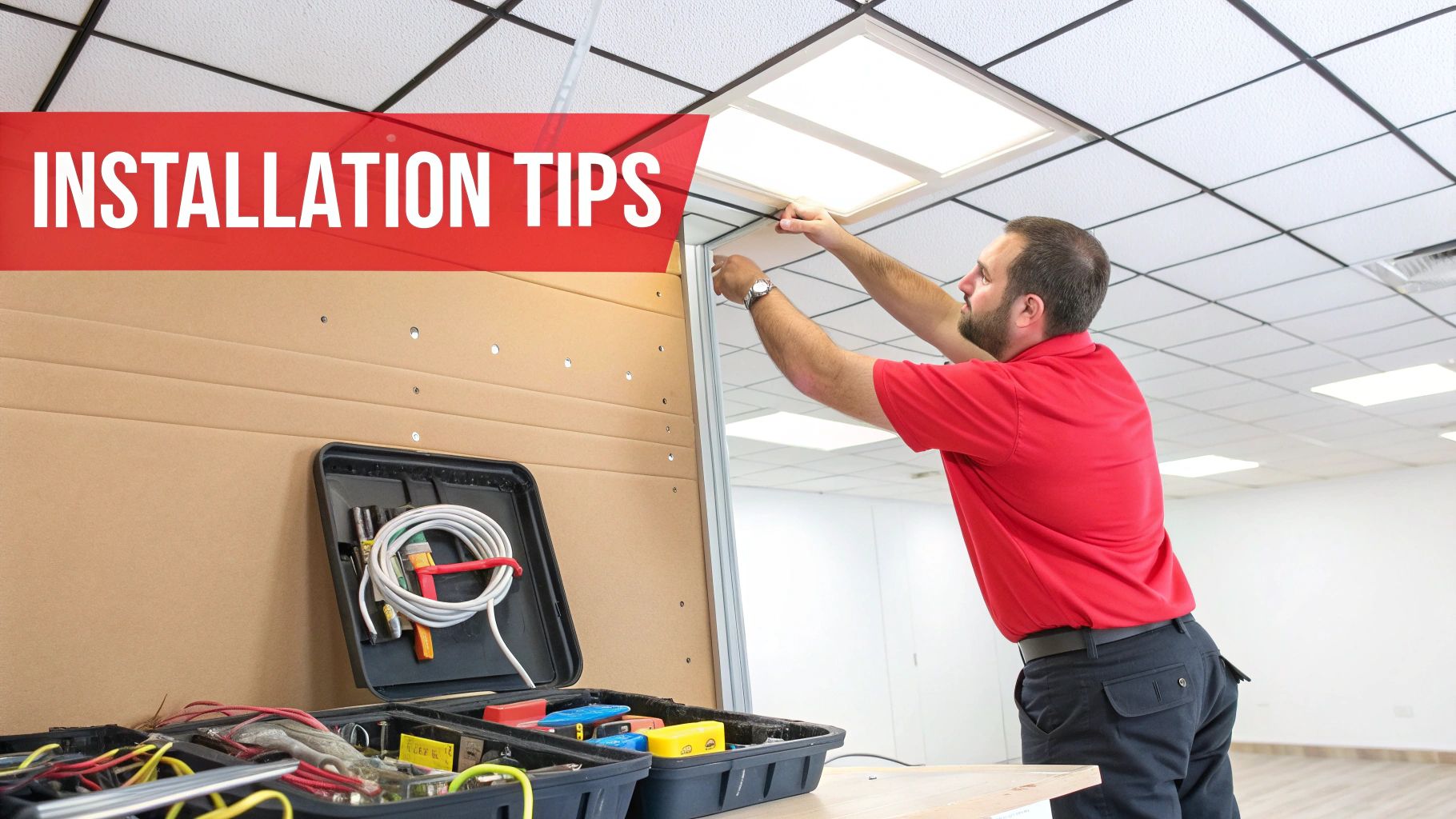 Man in red shirt installing a bright LED panel light into a white suspended ceiling.