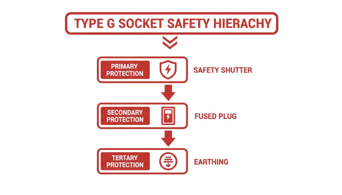 Diagram illustrating the safety hierarchy for Type G sockets: safety shutter, fused plug, and earthing.