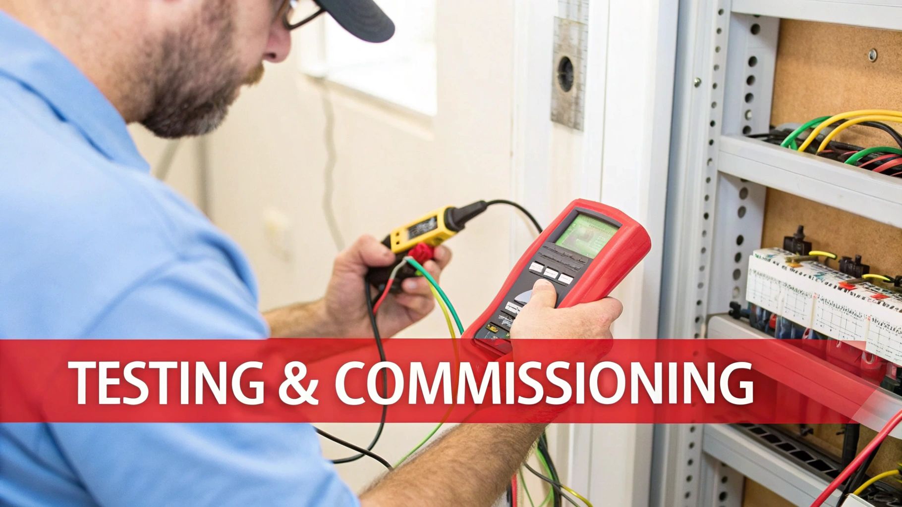 An engineer performing tests on a low voltage panel with a multimeter.
