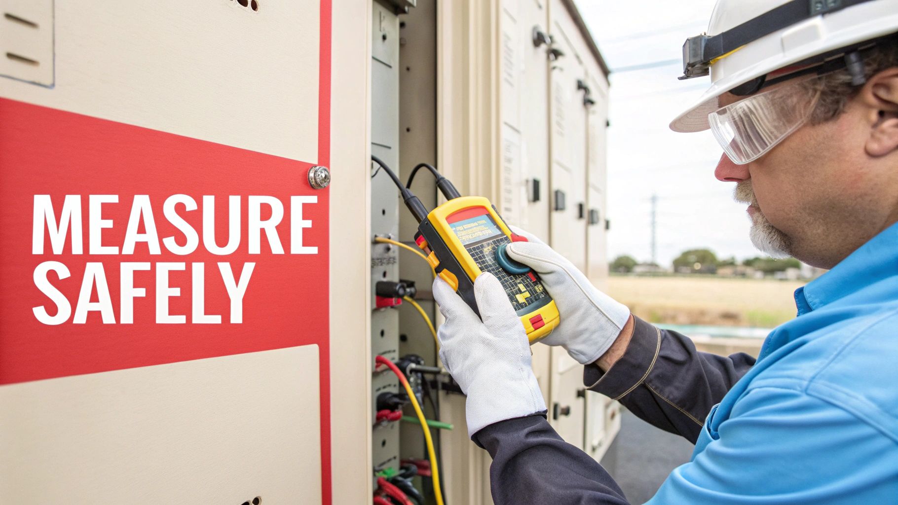 A technician safely measures electrical systems with a yellow Fluke current clamp meter and safety gear.