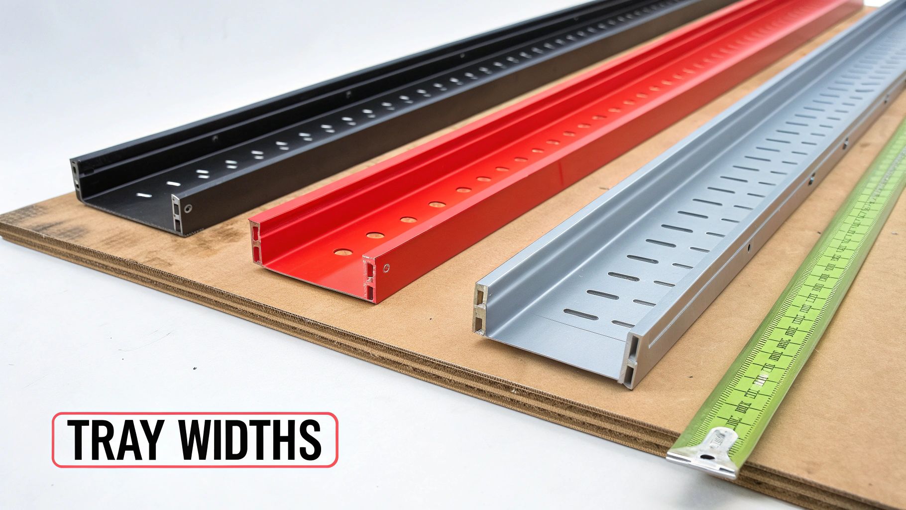 Close-up of black, red, and grey electrical cable trays, demonstrating different widths with a ruler.