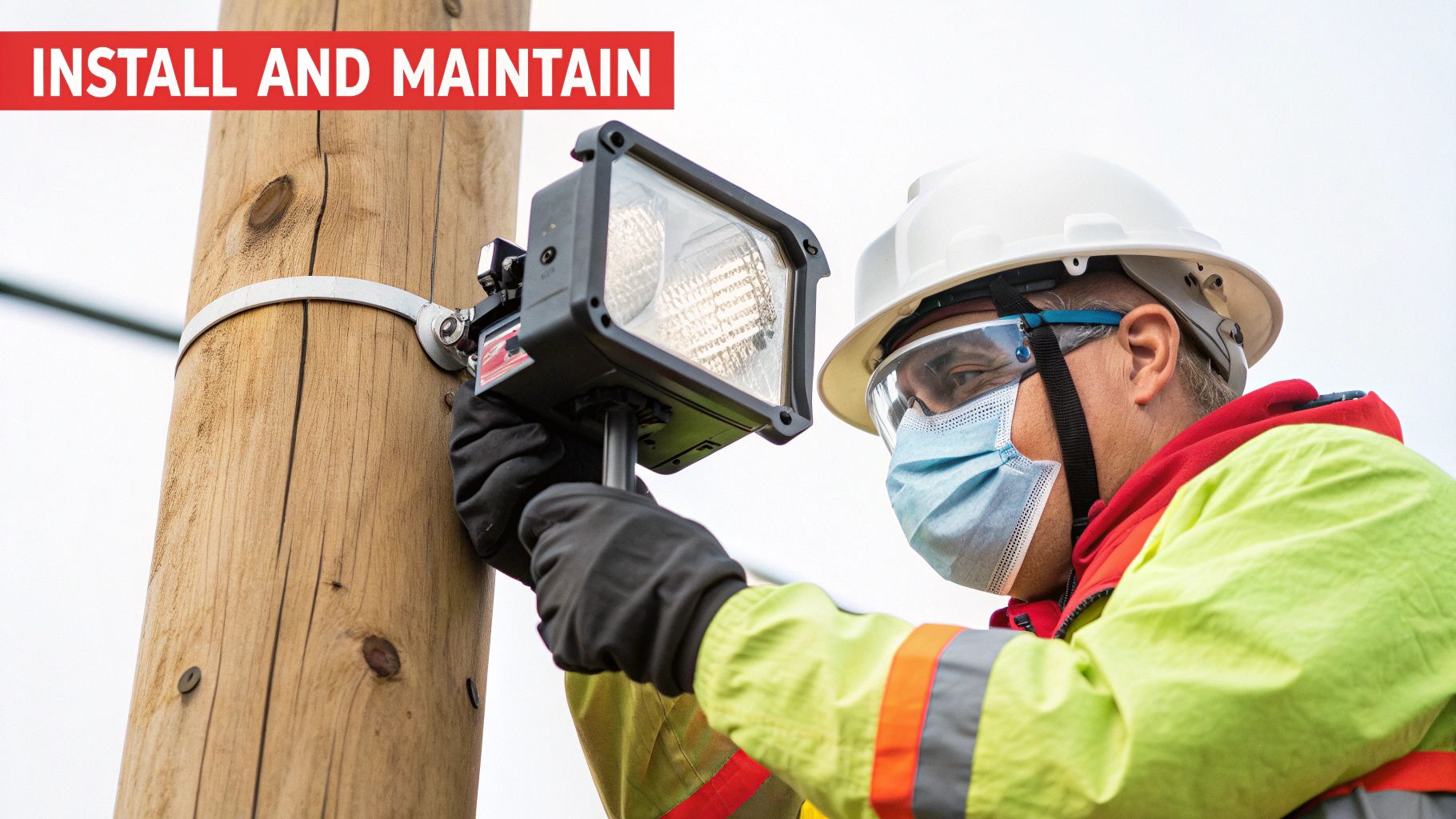A worker in safety gear installs an LED light fixture on a wooden utility pole.