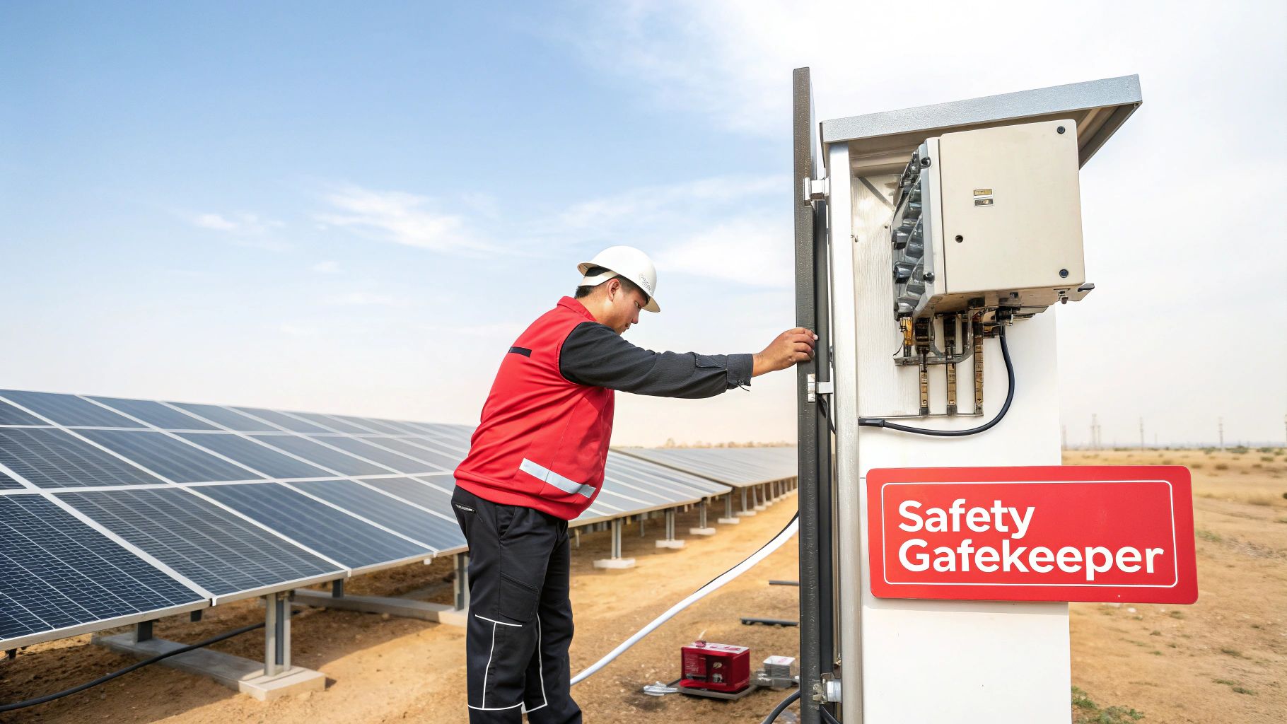A worker in a hard hat and red vest inspects an electrical isolator switch at a large solar power plant.