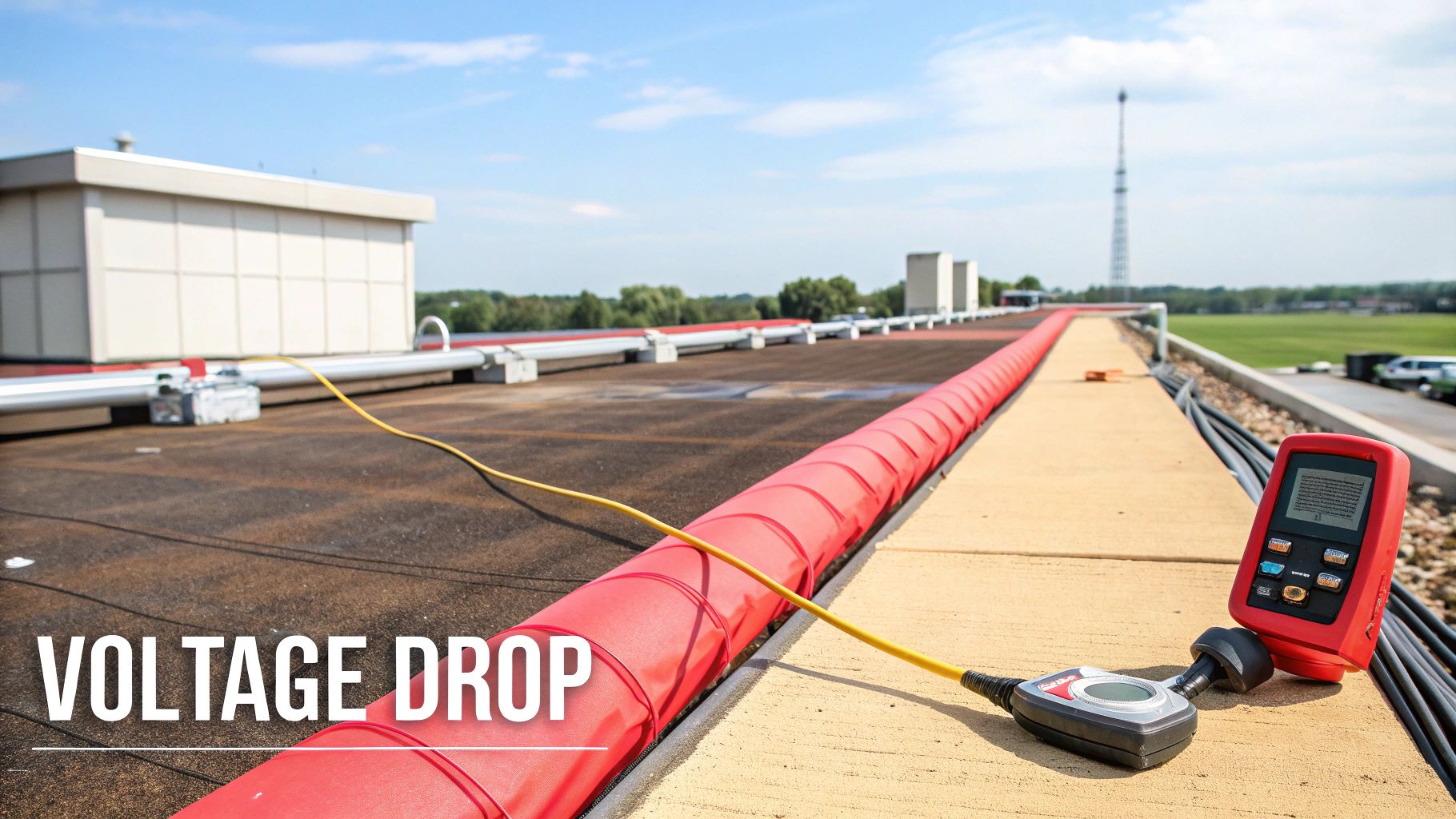 Rooftop view showing a yellow cable, voltage measurement tool, and red conduit, illustrating voltage drop.