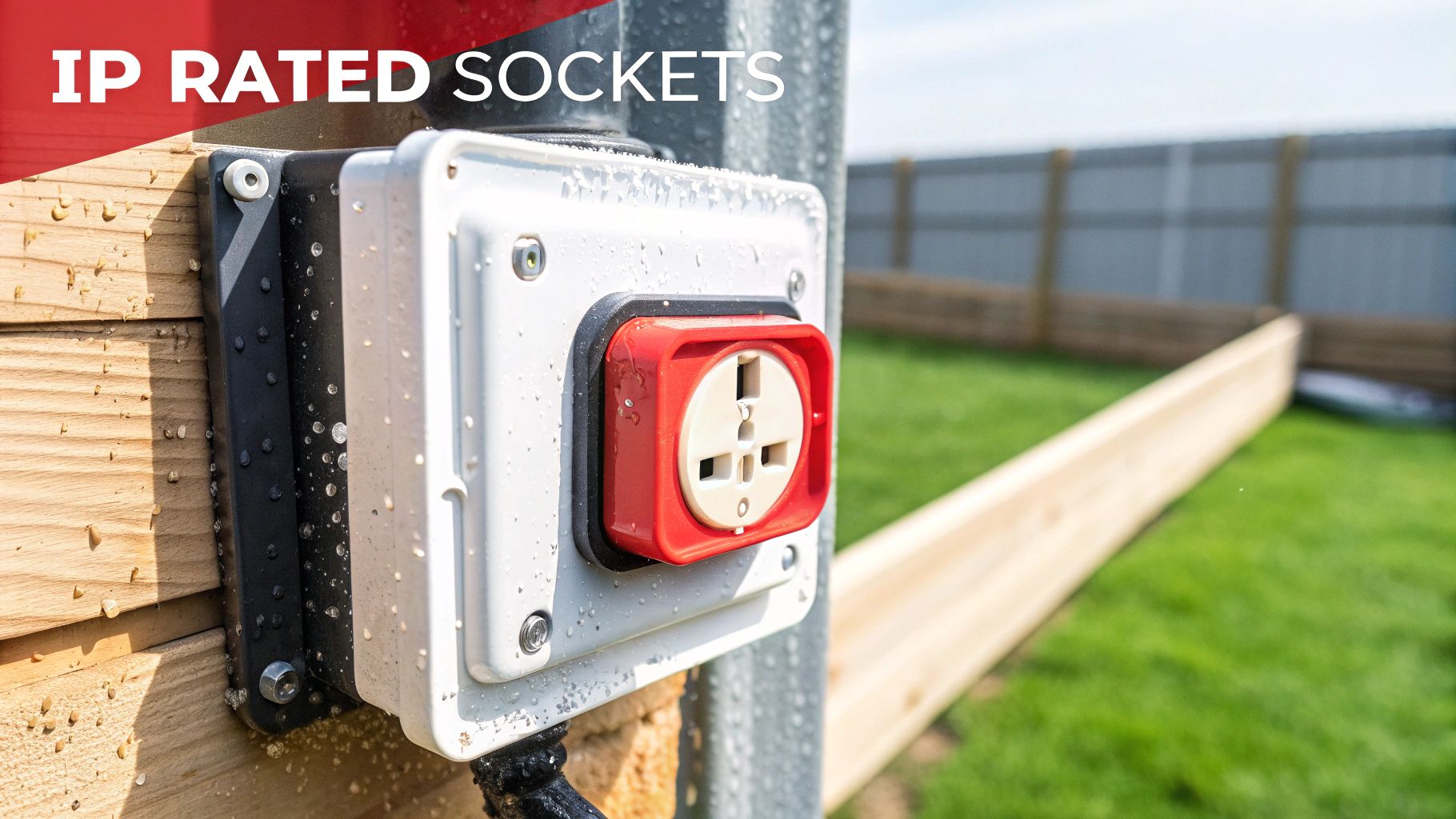 A close-up of a white, waterproof IP-rated outdoor power socket with a red cover, mounted on wood.