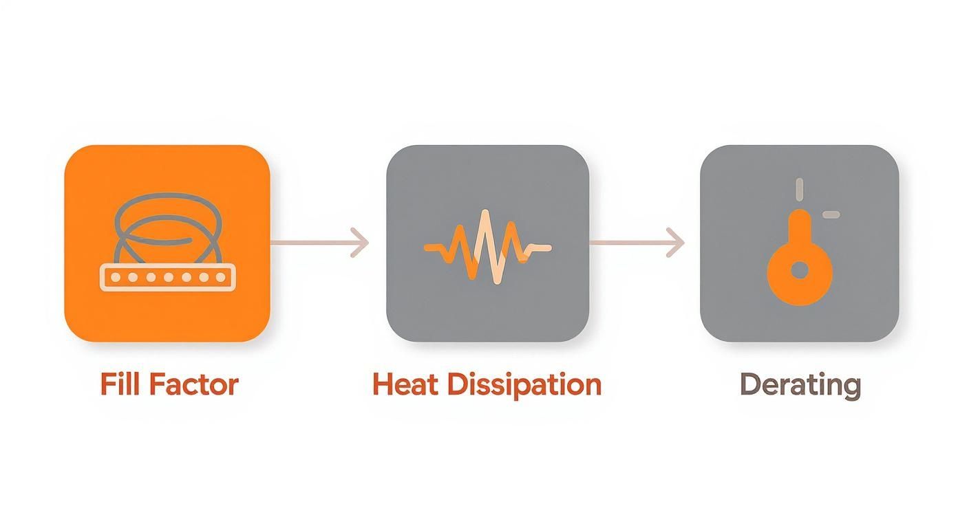 Infographic showing the process flow for cable tray sizing, including fill factor, heat dissipation, and derating.