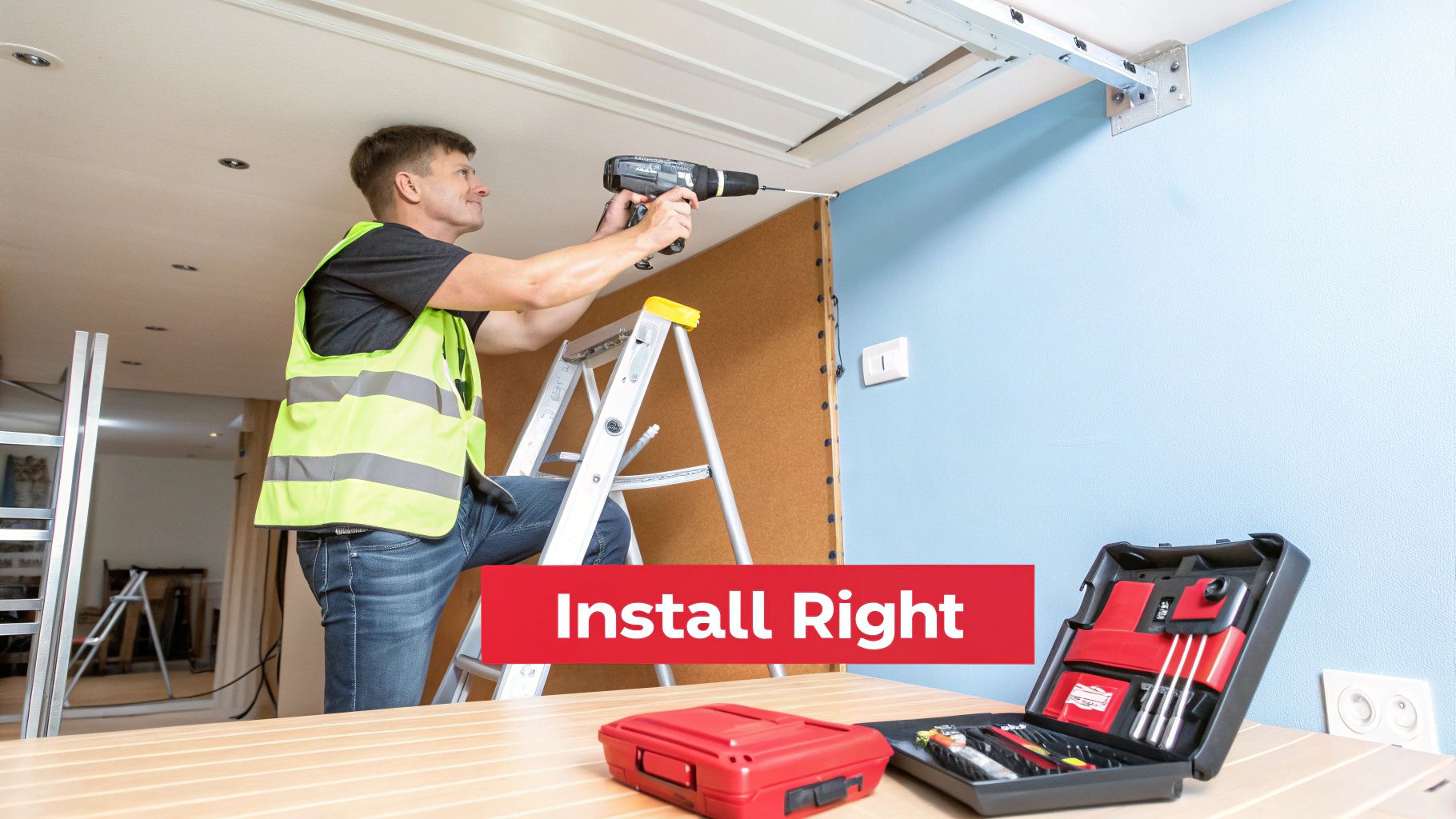 Professional contractor installing ceiling access panel using power drill on ladder during home renovation