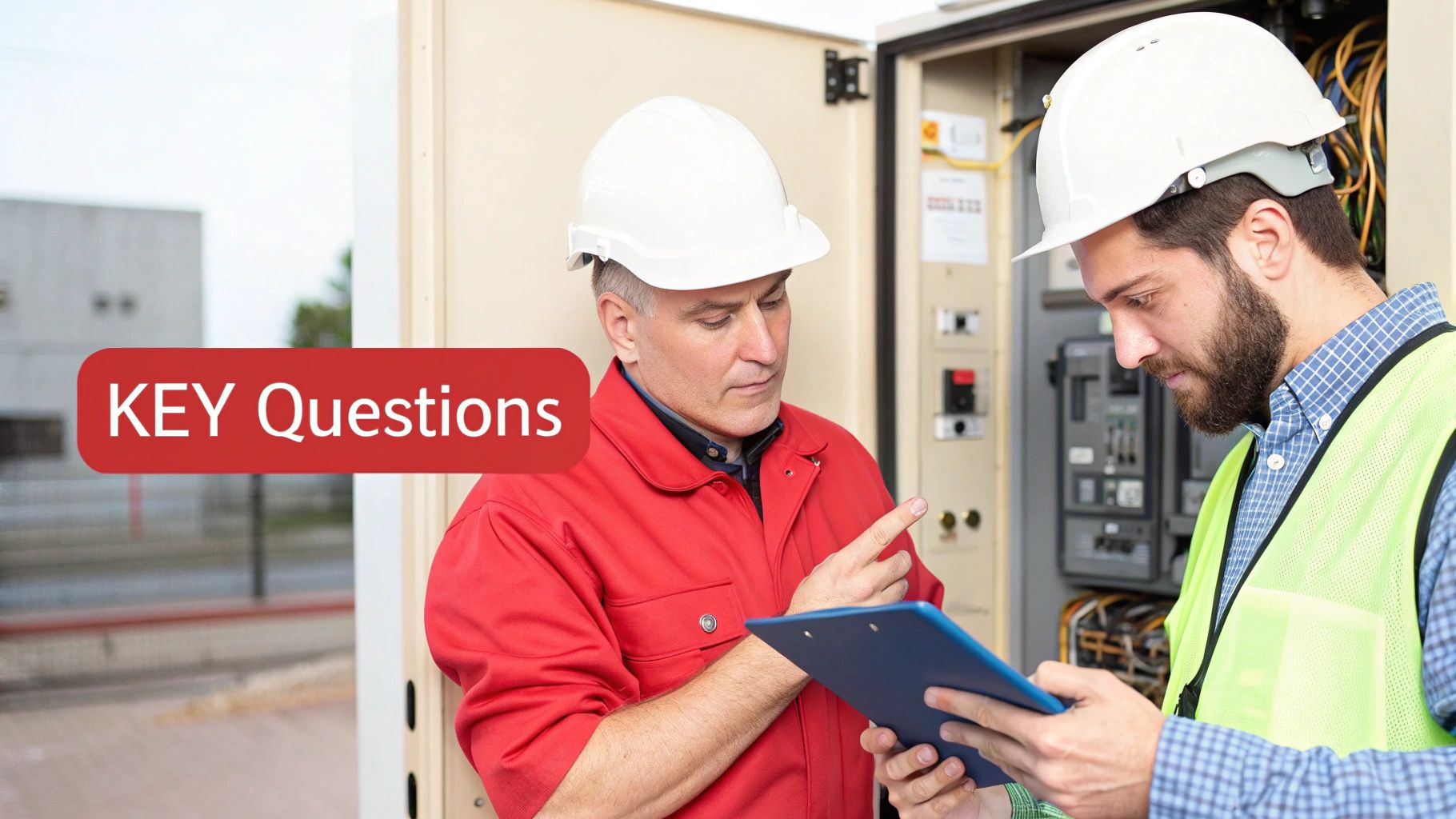 Two engineers in safety helmets discuss key questions while inspecting an electrical panel.