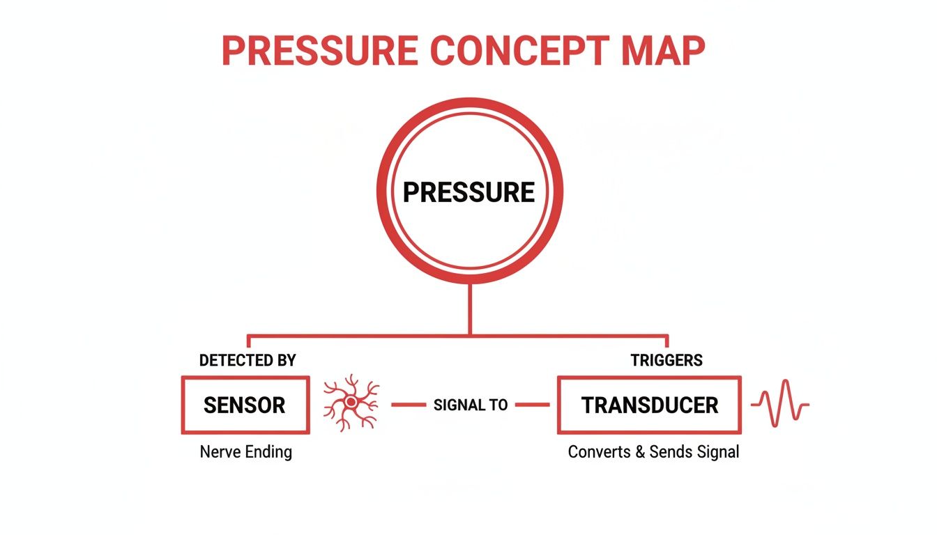 A concept map illustrates pressure detected by a sensor (nerve ending) sending a signal to a transducer, which converts and sends the signal.