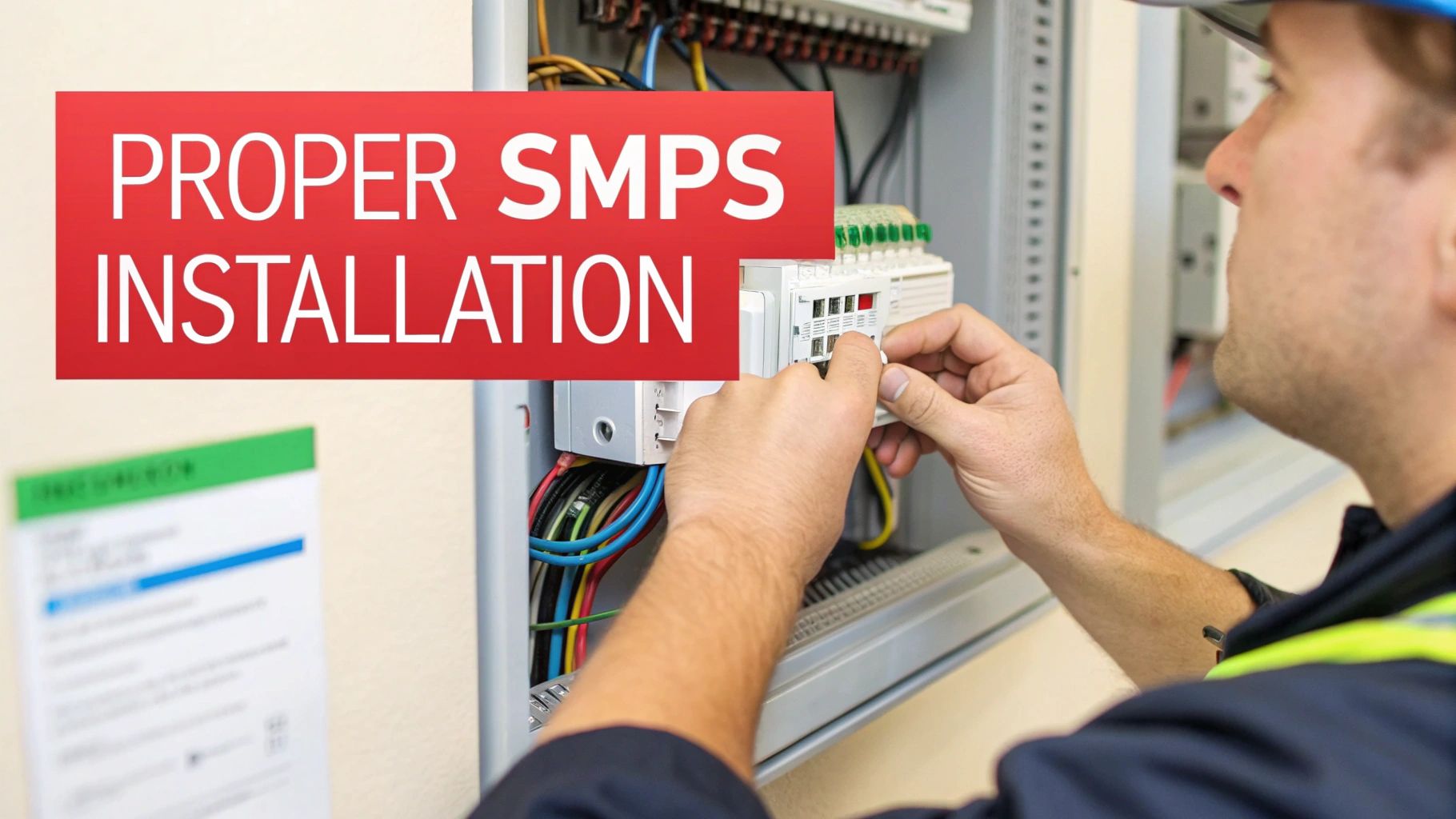 A technician installing a Power Supply SMPS onto a DIN rail within a control panel.