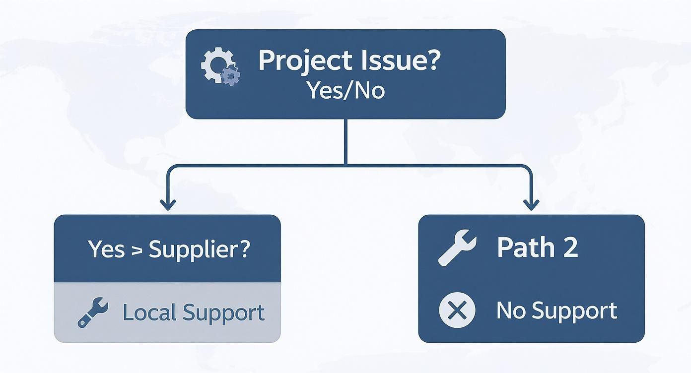 Flowchart illustrating a project issue decision process: Yes to supplier for local support, or Path 2 with no support.
