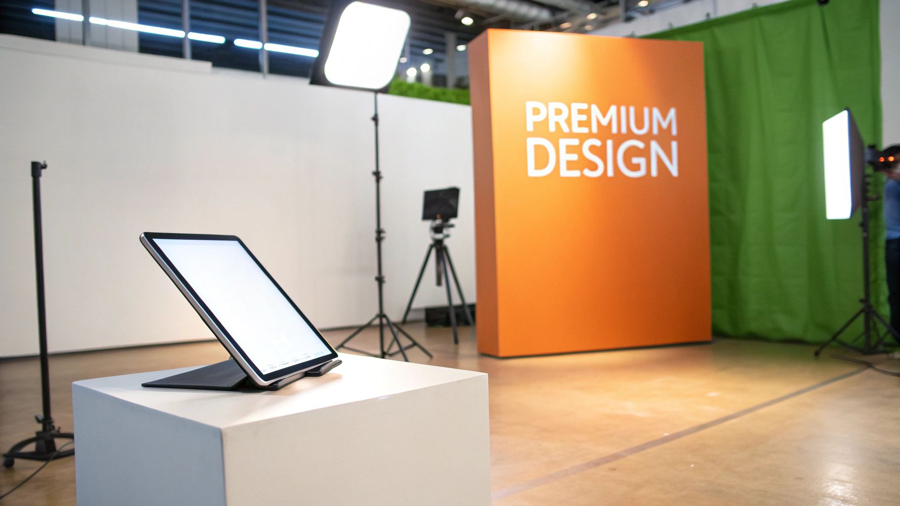 A tablet on a white pedestal in a professional studio setting with "PREMIUM DESIGN" branding.