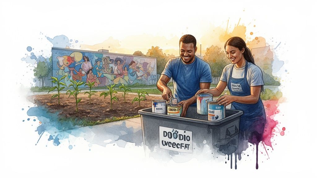 Two smiling volunteers sort paint cans into a recycling bin near a community garden and mural.