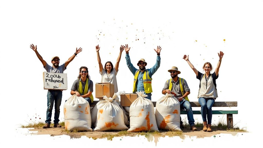 Six diverse volunteers celebrate a successful outdoor cleanup, displaying a '2,000lb removed' sign.