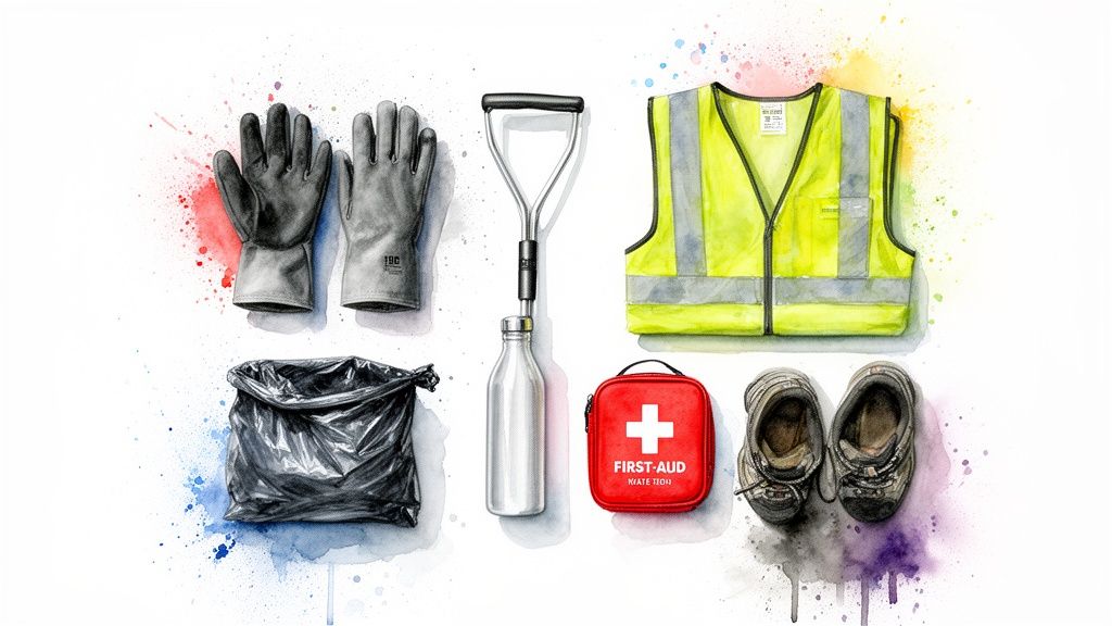 A flat lay of volunteer cleanup essentials: gloves, vest, trash bag, grabber, first-aid kit, and shoes.