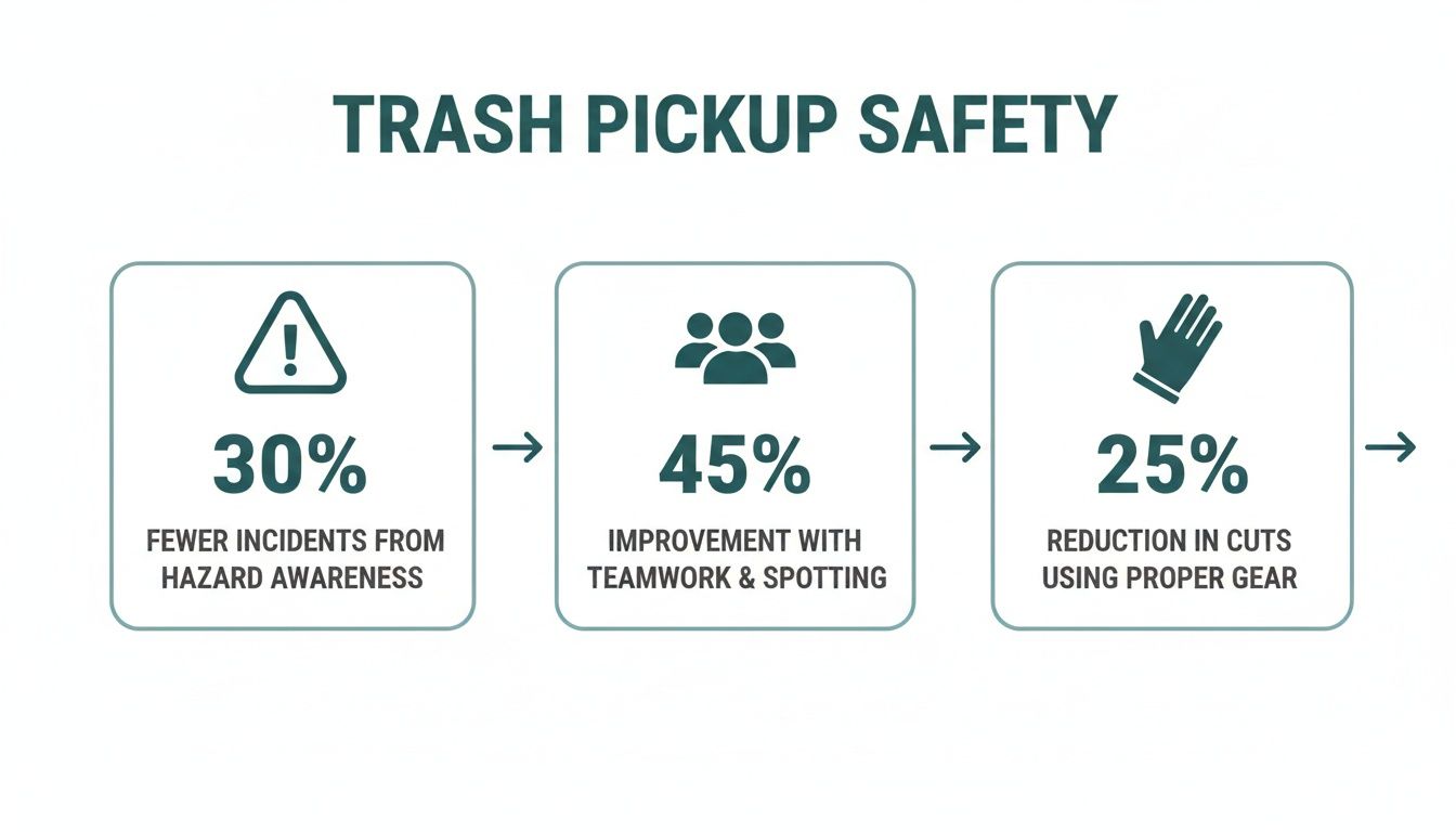 Infographic showing trash pickup safety improvements: 30% fewer incidents, 45% teamwork improvement, 25% fewer cuts.