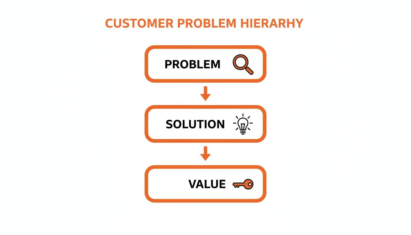 A diagram illustrating the Customer Problem Hierarchy, showing the flow from Problem to Solution to Value.