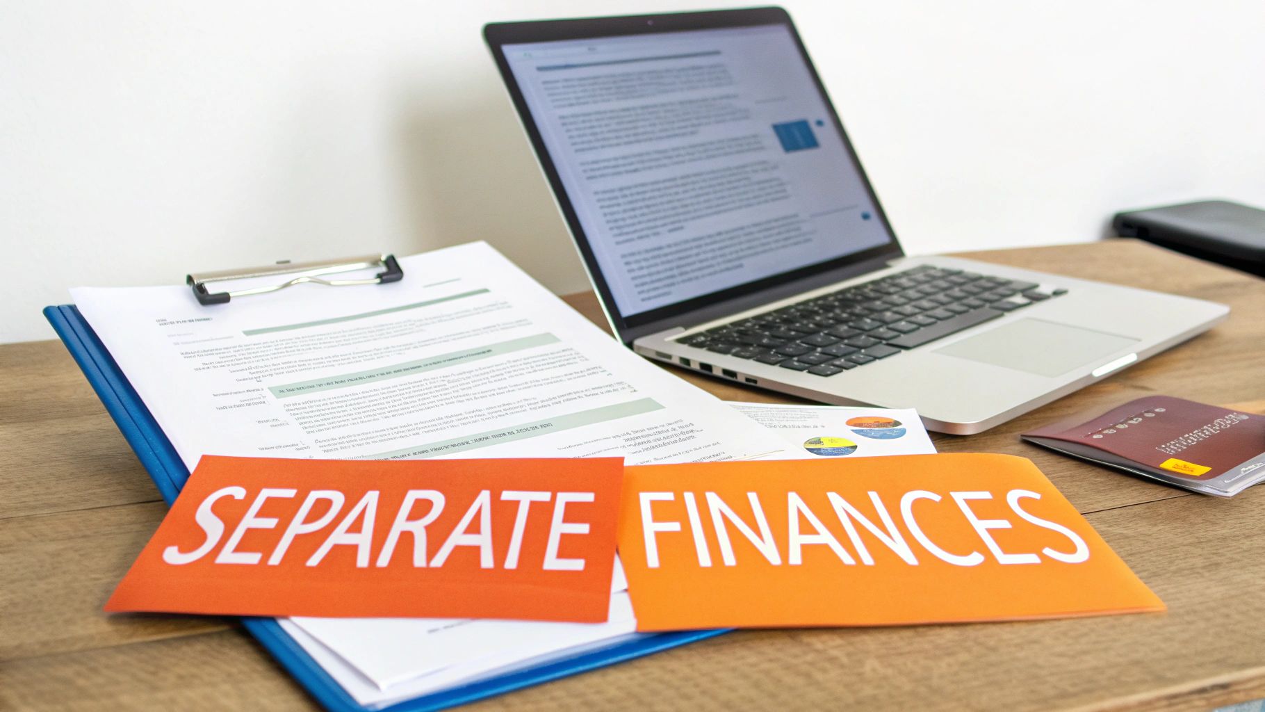 A desk with a laptop, documents on a clipboard, and orange signs saying "SEPARATE FINANCES".
