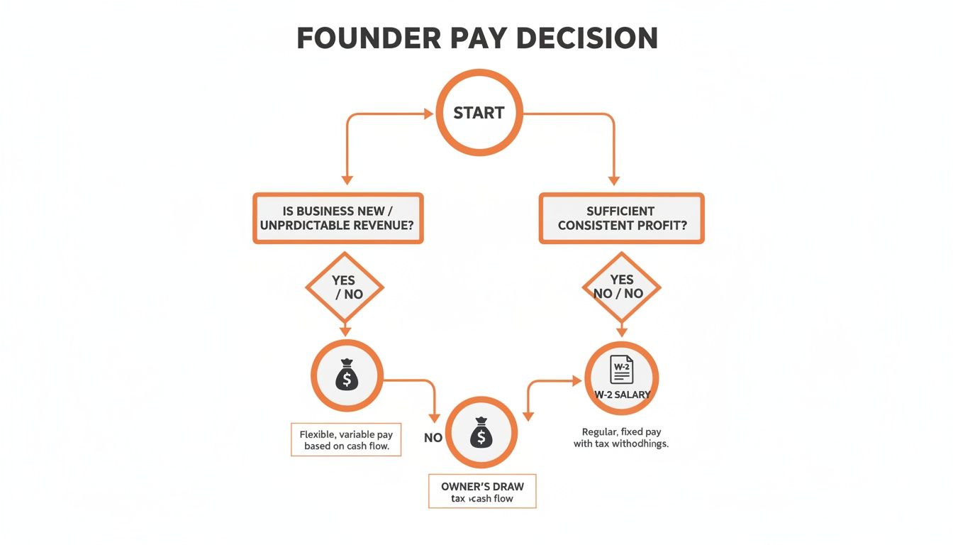 Flowchart showing founder pay decision options based on business newness, revenue, and profit.