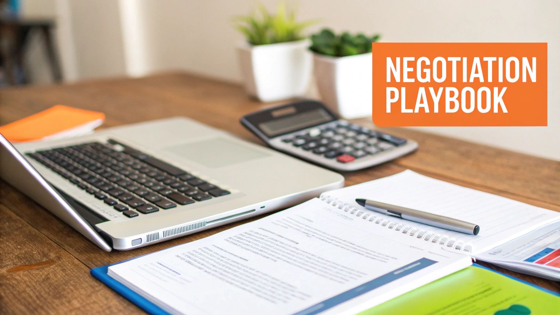 A desk with a laptop, calculator, notebook, and documents, with 'NEGOTIATION PLAYBOOK' text.