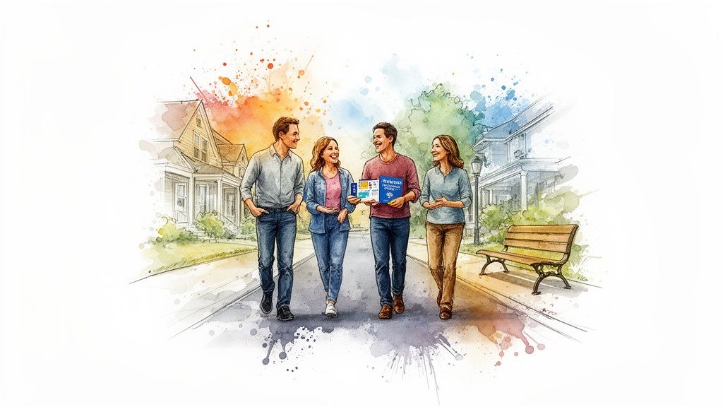 Four smiling adults walk down a vibrant street, holding books and connecting.
