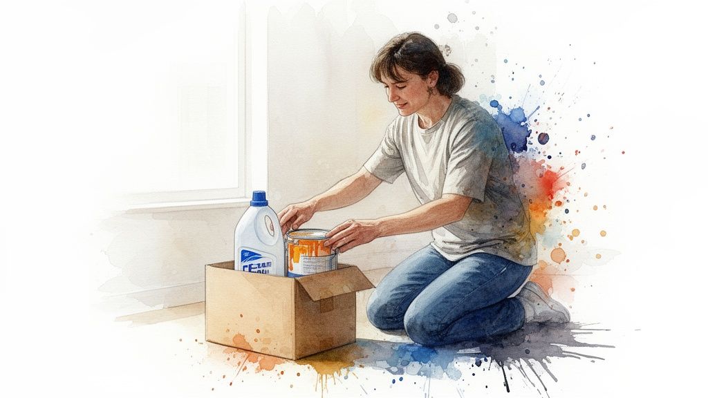 A woman kneels, taking a paint can and bleach bottle from a cardboard box, surrounded by paint splatters.