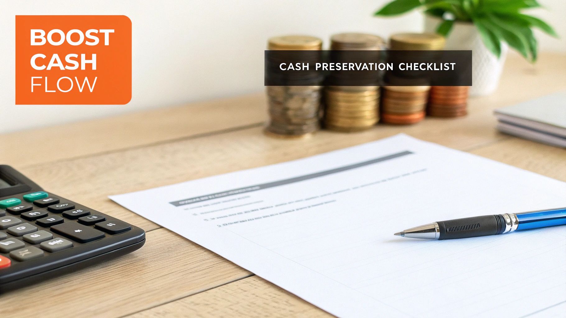 A desk with a calculator, pen, stacked coins, and a document titled 'Cash Preservation Checklist' for boosting cash flow.