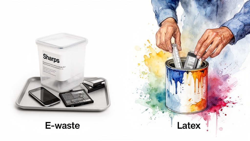 Illustrates e-waste like smartphones and batteries, and hands disposing items into a paint-splattered can, symbolizing different waste types.