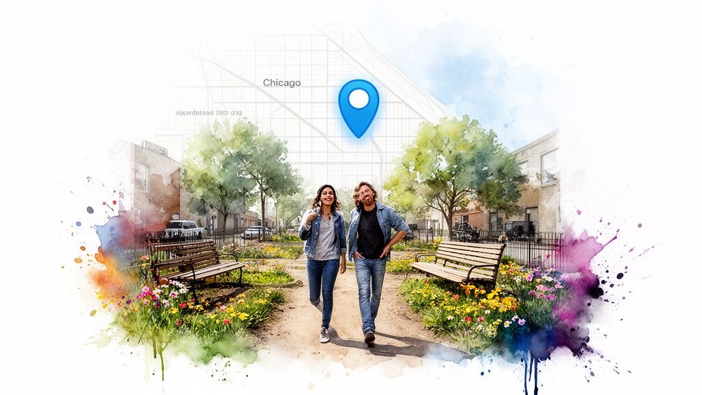 Two smiling people walk through a vibrant park with a Chicago map overlay and watercolor effects.