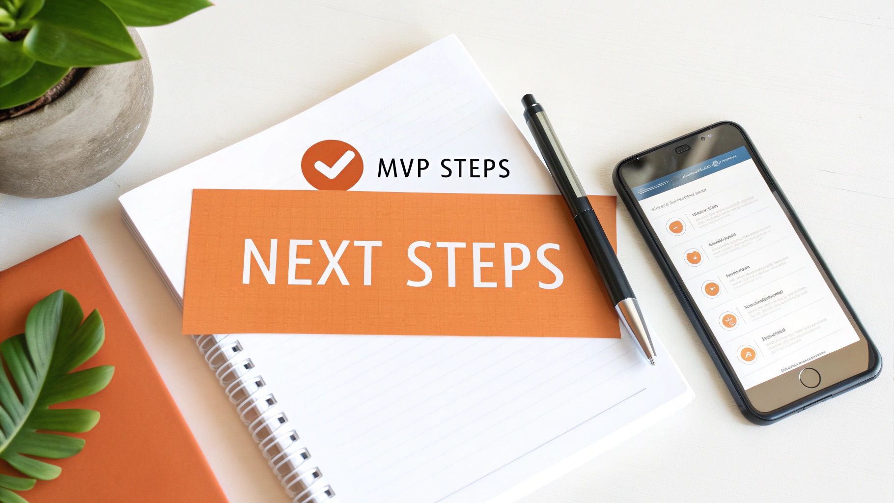 A flat lay of a desk with a notebook, pen, smartphone, and an orange card stating 'NEXT STEPS' and 'MVP STEPS'.