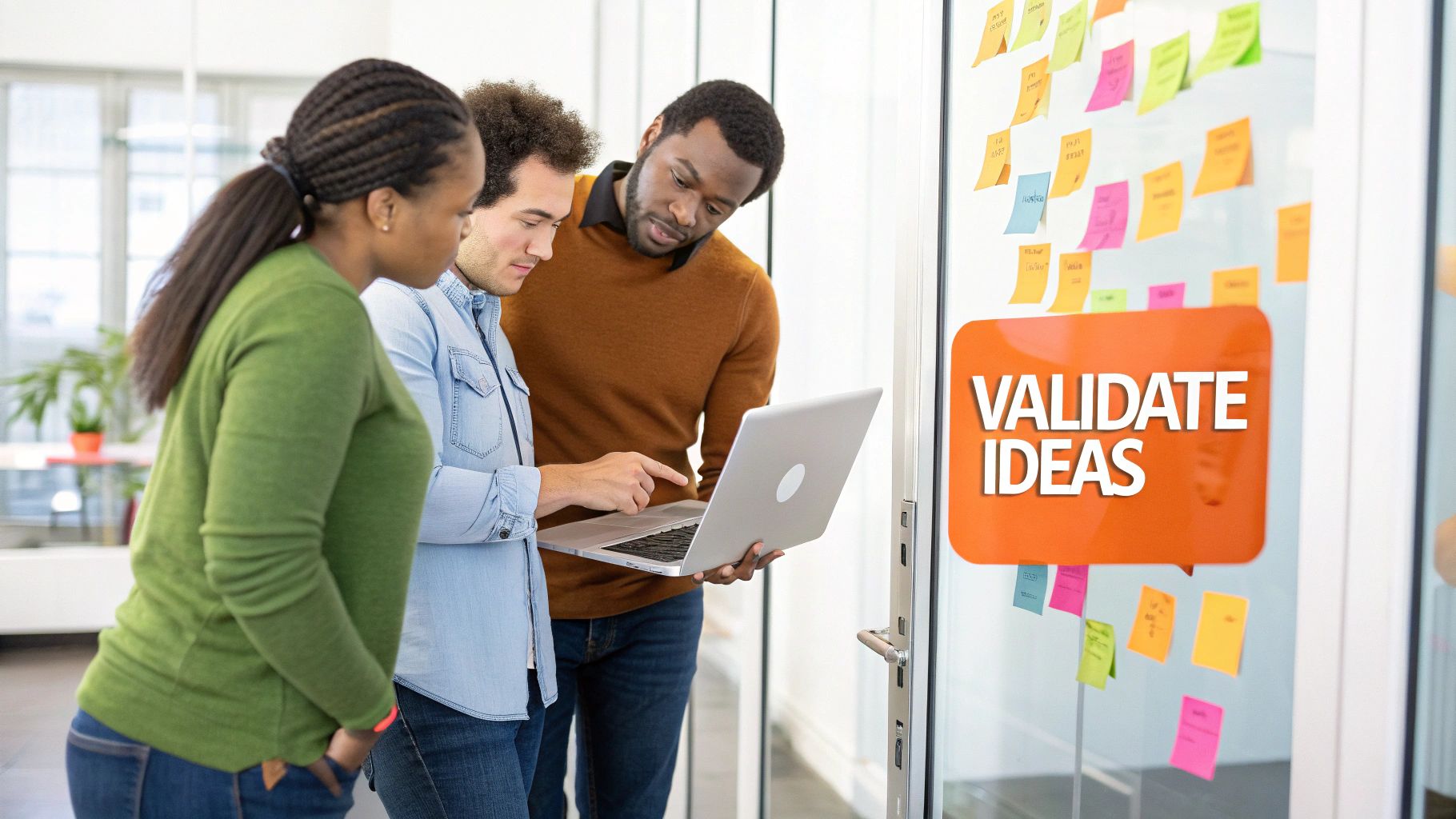 Diverse colleagues collaborate on a laptop in a modern office with 'VALIDATE IDEAS' sign.