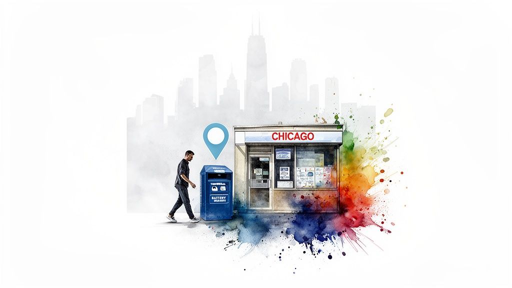 Man walks by a blue battery recycling bin in a watercolor-style illustration of Chicago.