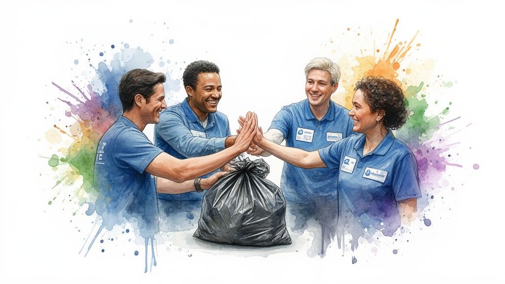 Four diverse volunteers in blue shirts high-fiving over a trash bag with colorful splashes.