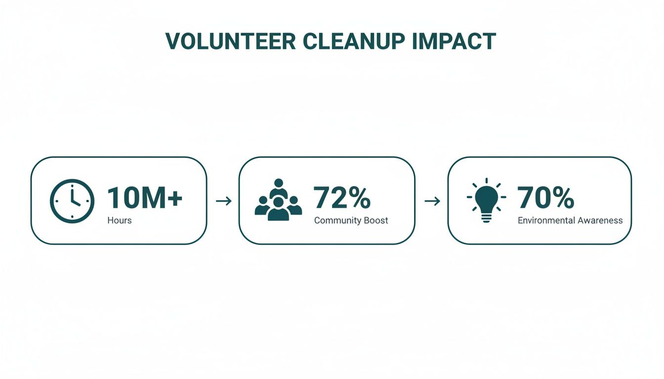 Infographic showing the impact of volunteer cleanup: 10M+ hours, 72% community boost, and 70% environmental awareness.