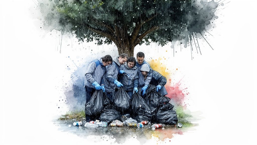 Five volunteers cleaning up litter in a park, placing trash into black bags under a tree.