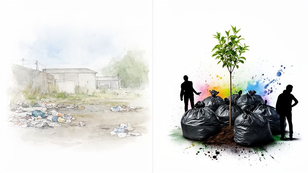 Contrasting scenes: a polluted lot with trash on the left, and a planted tree, people, and trash bags with vibrant splatters on the right.