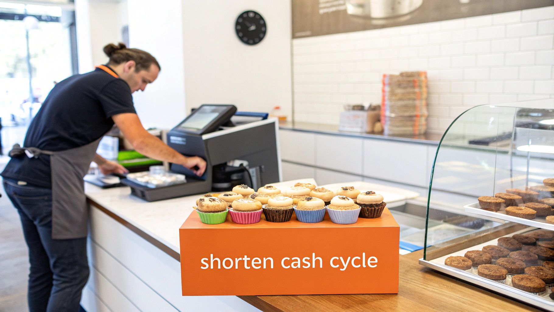 A cafe employee works at a POS system while various baked goods are displayed on the counter, with a sign reading 'shorten cash cycle'.