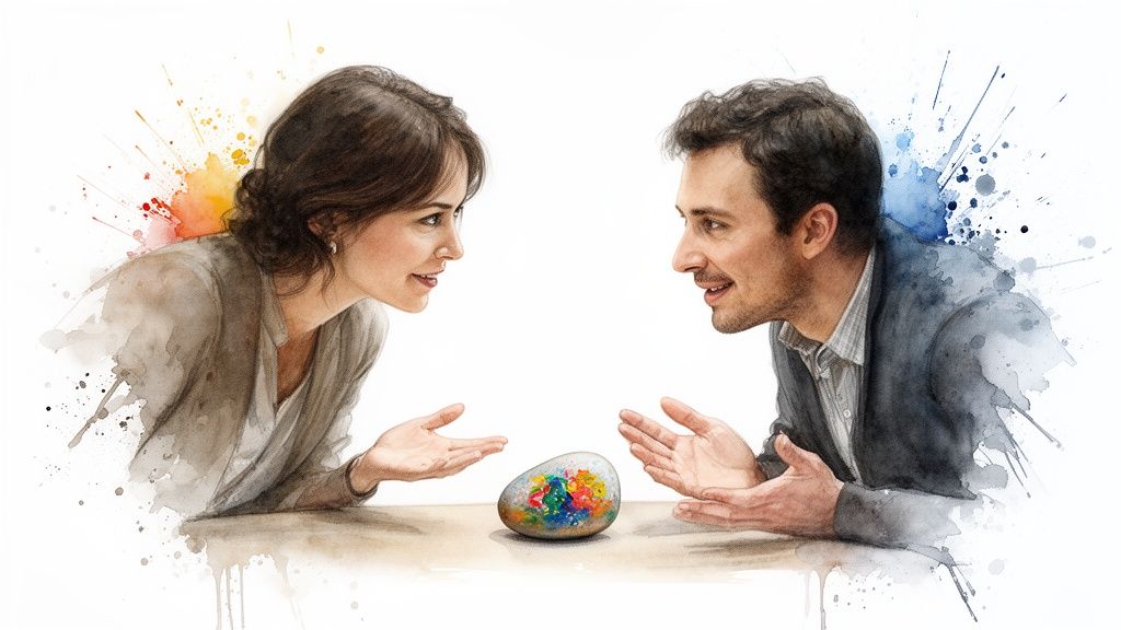 Watercolor illustration of a man and woman conversing across a table with a vibrant painted rock.